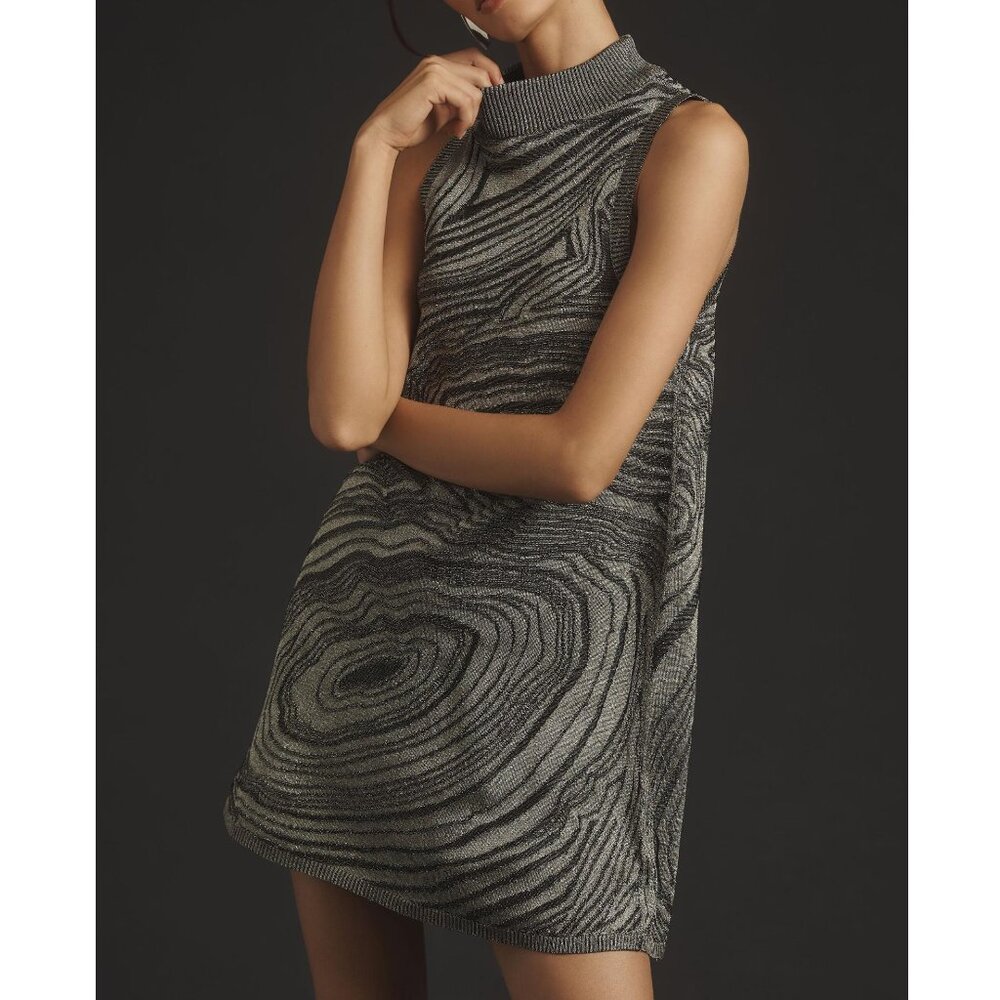 By Anthropologie Metallic Sleeveless Mock-Neck Sweater Mini Dress Carbon XS